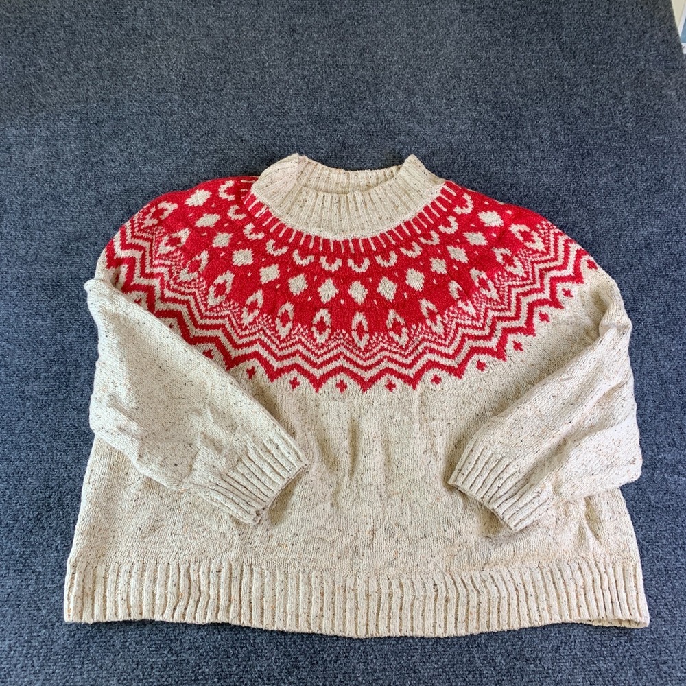Old Navy Sweater Womens 2XL Beige Red Fair Isle Tight Knitted Mock Neck Outdoor